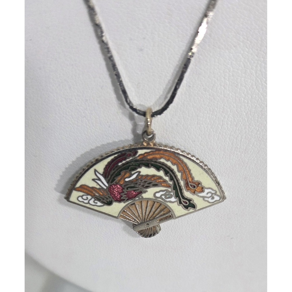 Vintage Asian Fan Pendant Silver Tone Chain Cloisonne Enamel Phoenix Retro Korea